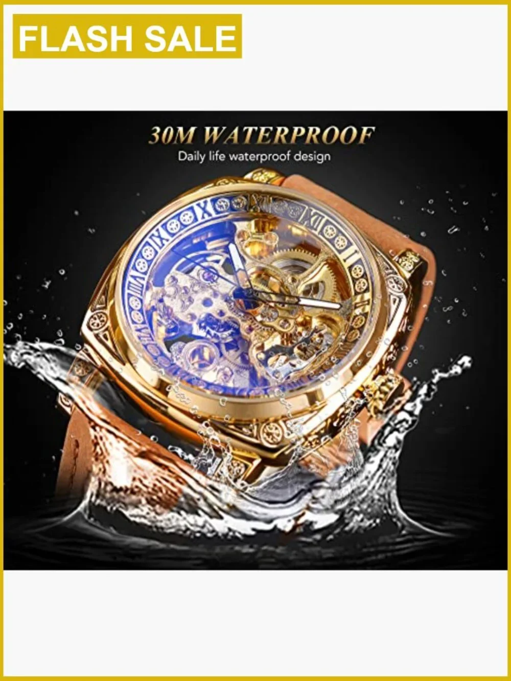 Square Skeleton Automatic Mechanical Watch with Genuine Leather Strap